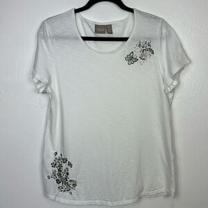 Chico’s White Cotton Floral Butterfly Embroidery Short Sleeve Top Size M